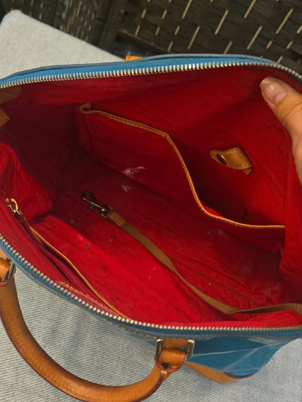 Dooney & Bourke Teal Patent Leather Zip Zip Domed Satchel Bag, Needs Cleaning